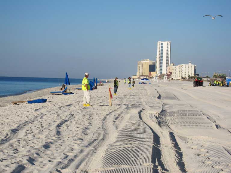 Workers clean up the beach.