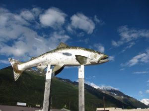 elevated fish sculpture in Valdez