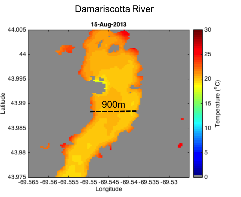 Map of section of Damariscotta River showing temperature in August of around 20 degrees Celsius (yellow-orange).