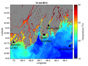 Map of Maine coast from Brunswick to Blue Hill showing Water Temperature from warmer (shown in red) in the rivers to colder (blue) offshore