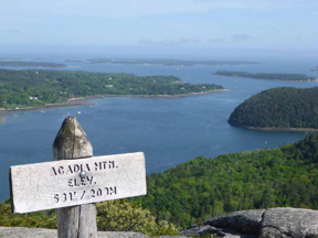 Elevation sign at Acadia National Park overlooking the water