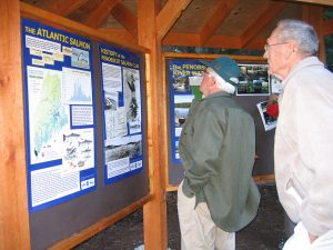 Two men examine the Penobscot Watershed kiosk relating to salmon.