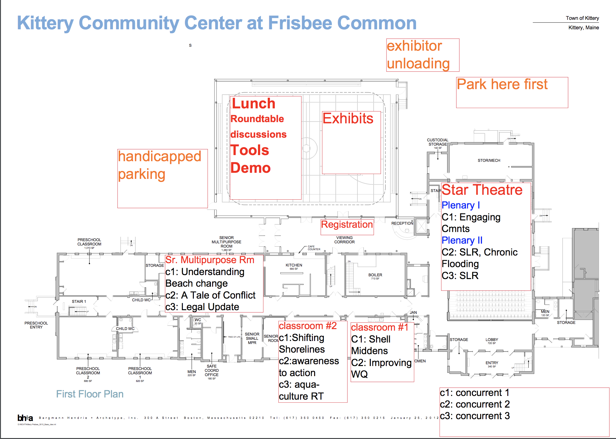 A facility map of the first floor of the Kittery Community Center