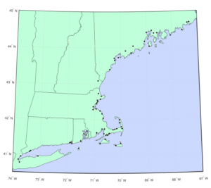 an illustrated map with about 100 points along the coast from eastern Maine to southern New England illustrating sample sites