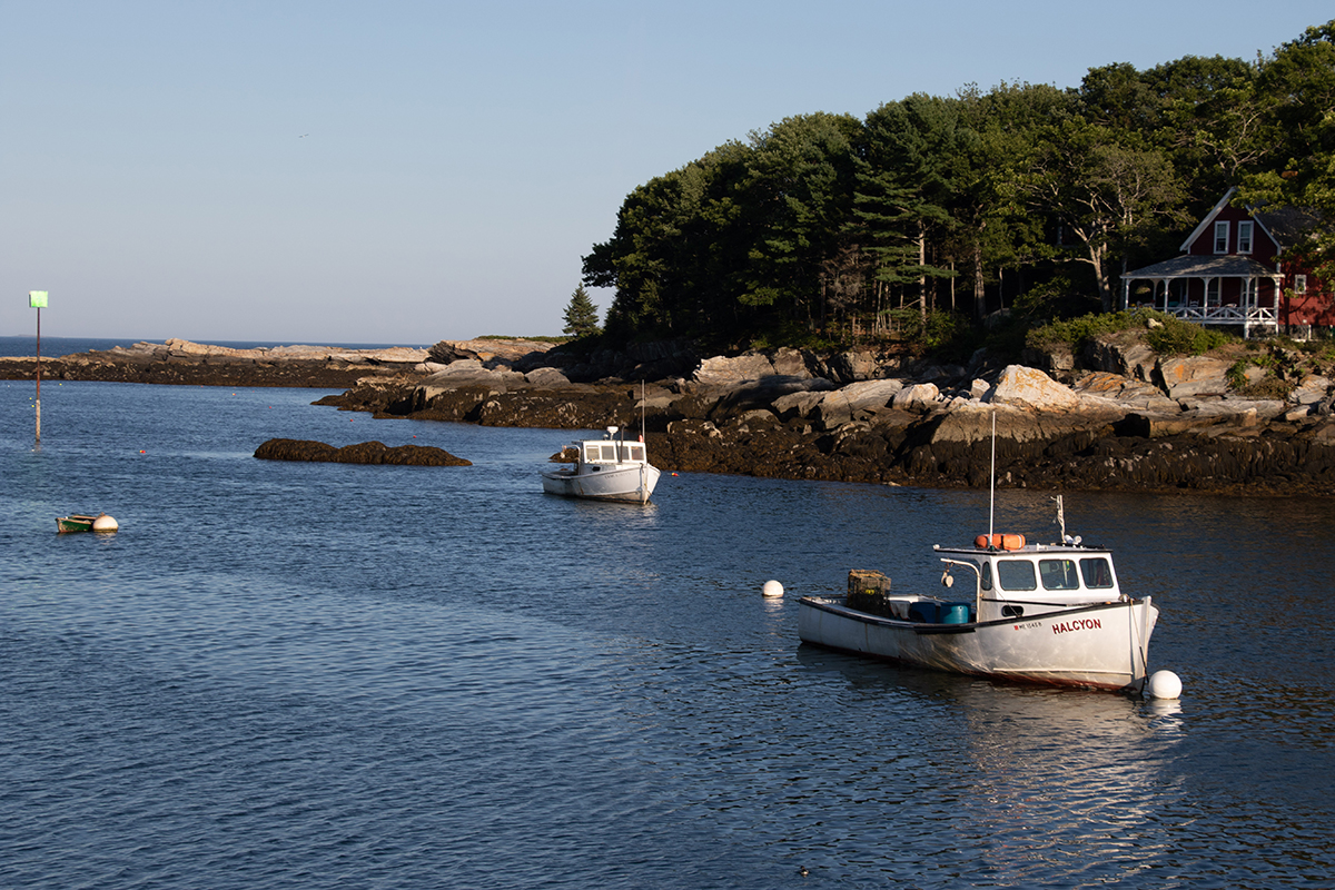 view of a harbor with a single fishing boat