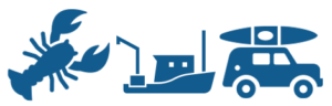 icon triptych of a lobster, a fishing boat and an suv with kayak representing tourism