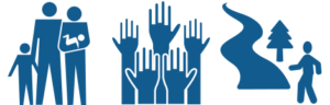 logo triptych with a family, raised hands, and a hiker