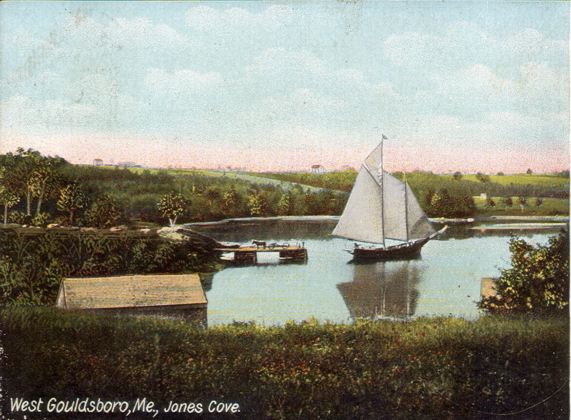 old-fashioned postcard of a boat in a cove