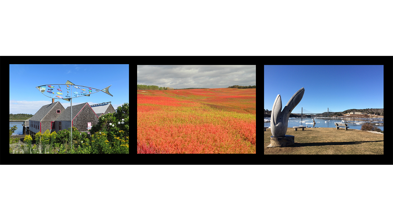 Triptych photo collage depicting a fish sculpture with a building, a red rolling field, and a sculpture on the coast.