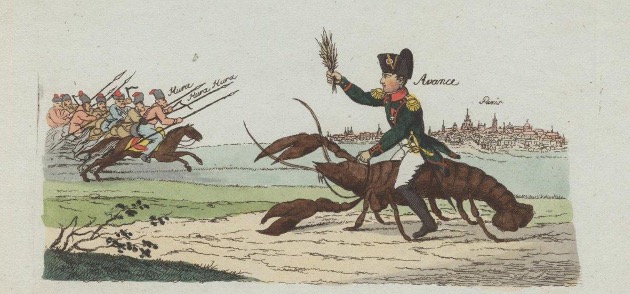 humorous illustration of a soldier riding a lobster