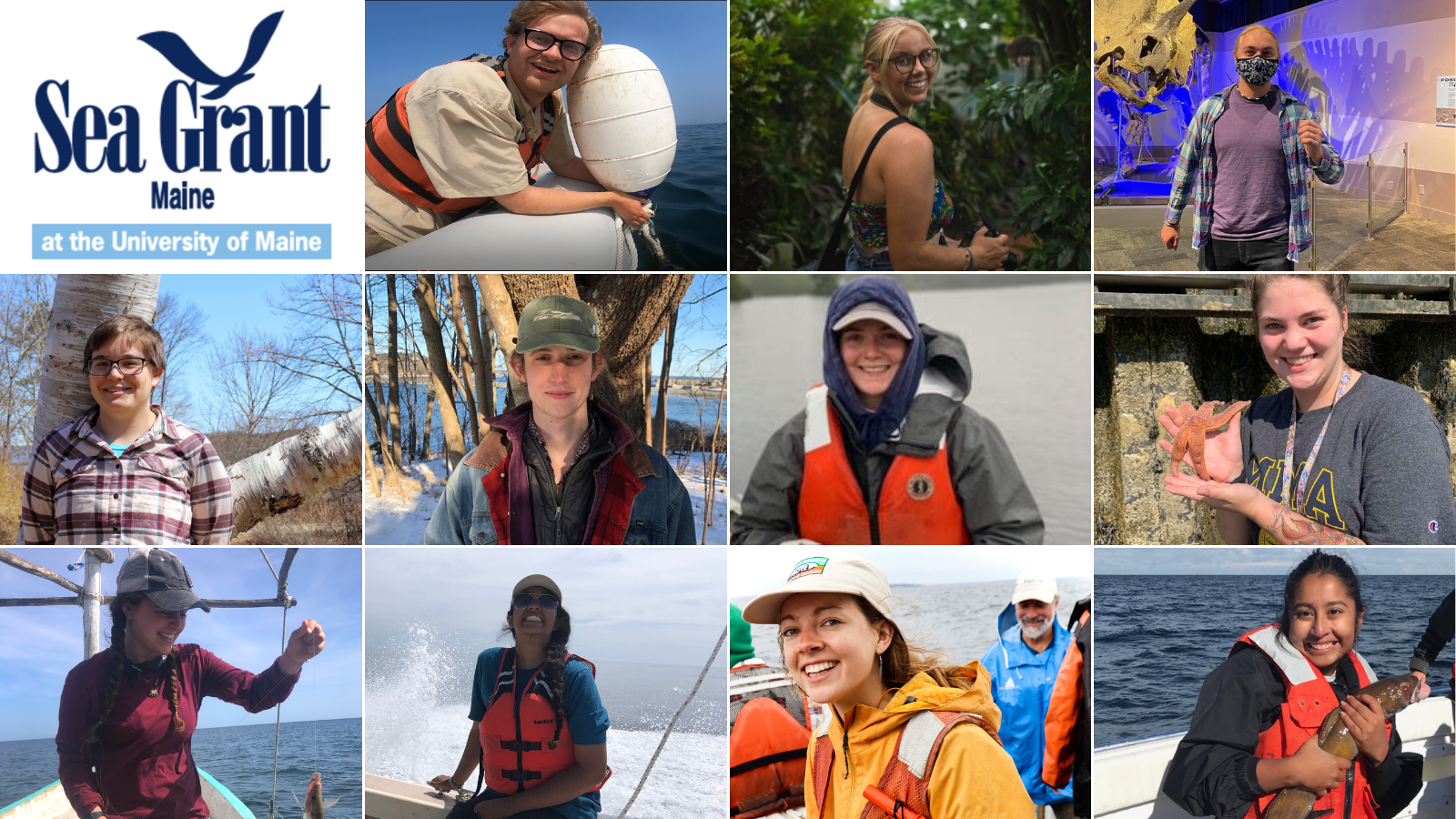 11 Sea Grant Scholars' headshots in a collage with the Maine Sea Grant logo