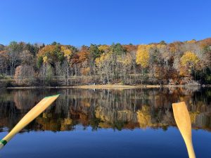 fall foliage from a boat, with oars outstretched under a blue sky