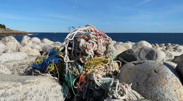 a ball of rope and twine marine debris on the rocks by the sea