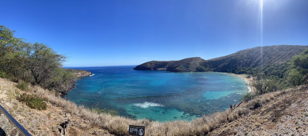 "Hanauma Bay is a sunken volcano crater with coral reefs.