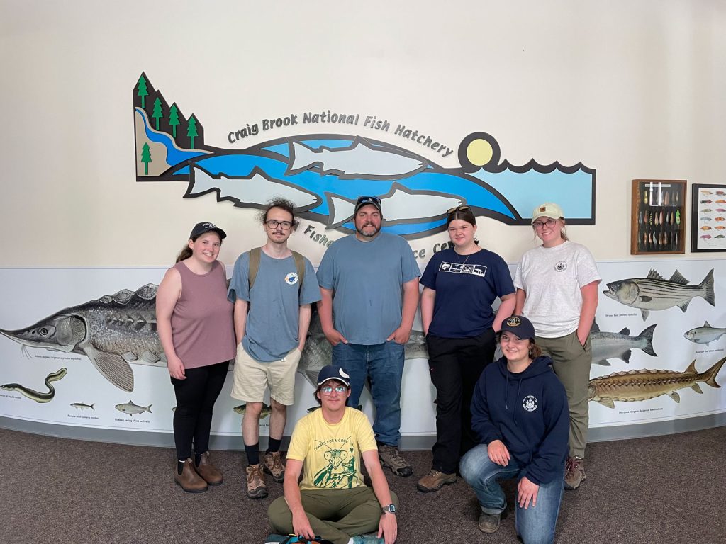 seven people stand in front of a wall with various sea run fish paintings on it