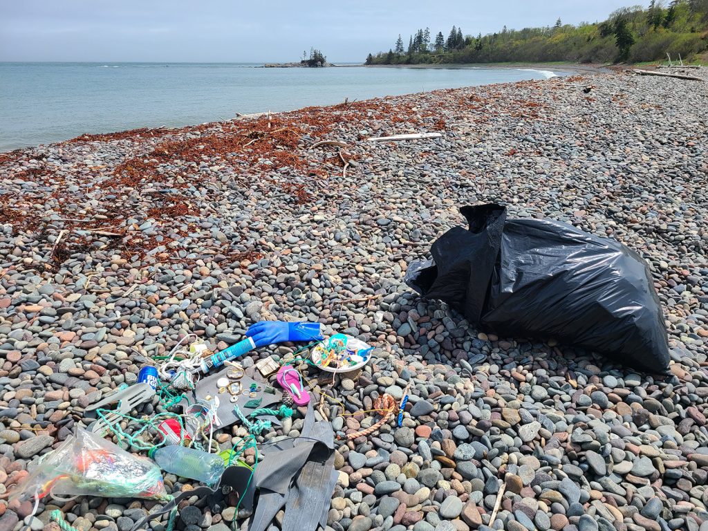 a rocky shoreline with gathered trash and a black trashbag