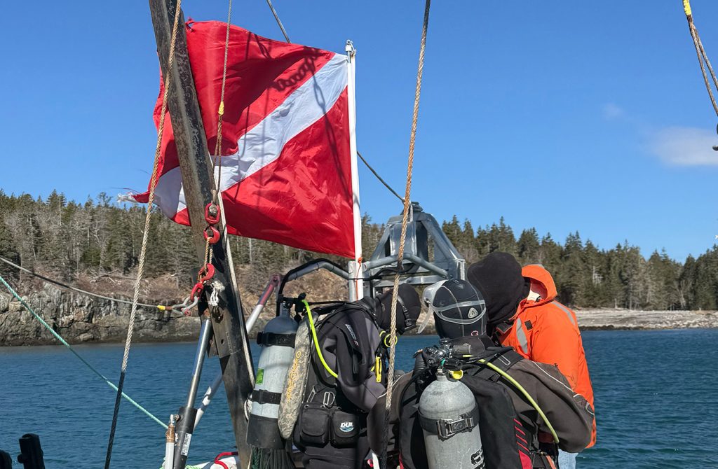 Facing the back left side of the boat, two divers are putting on gear for a dive. Extra gear is laid out behind them on a covered rubber hot tub for easy access. A dive flag on the left back corner of the boat is moving in the wind. The safety diver wearing an orange raincoat is next to the flag in front of the divers. Water surrounding the boat is Frenchman Bay and an island coastline.