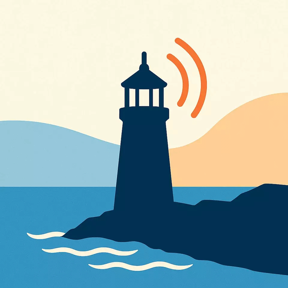 a simple icon of a lighthouse emitting radio waves